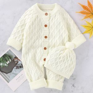 Buttoned Down Knit Jumpsuit With Hat