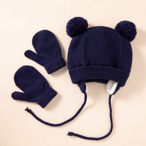 Double Hairball Knit Hat With Gloves