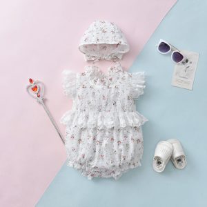 Lace Detailed Floral Jumpsuit with Hat