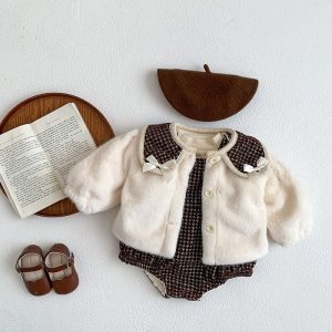 Fur Coat & Plaid Sleeveless Romper